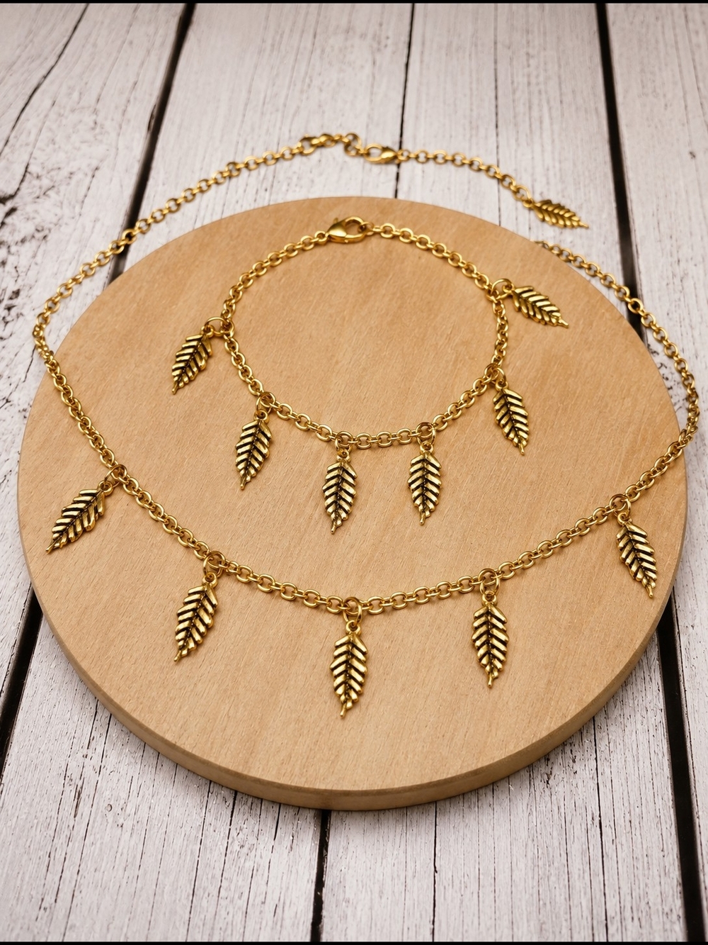 Gold Leaf Charm Necklace and Bracelet Set - Women's Jewelry